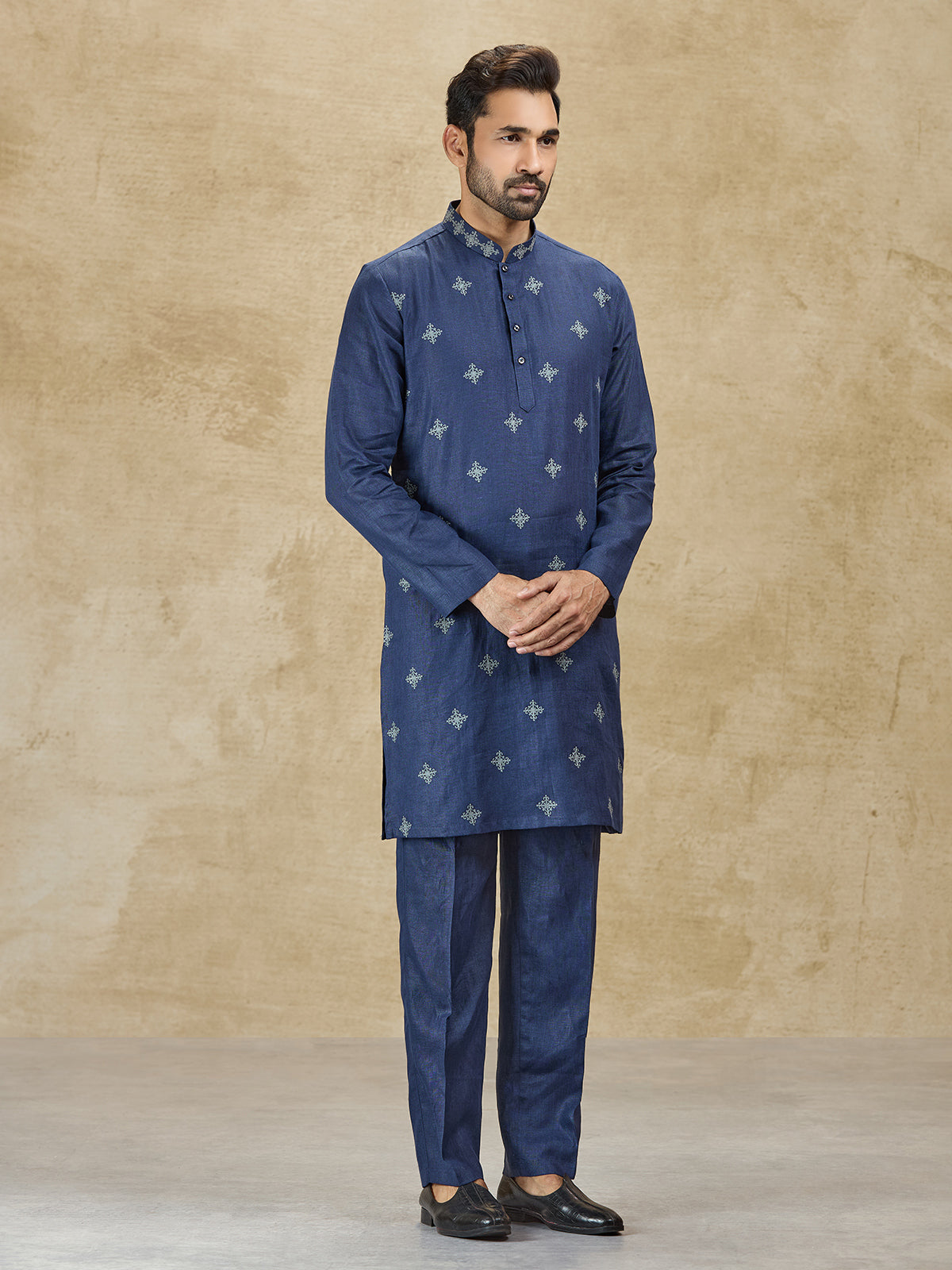 Navy linen men kurta suit with thread detailing
