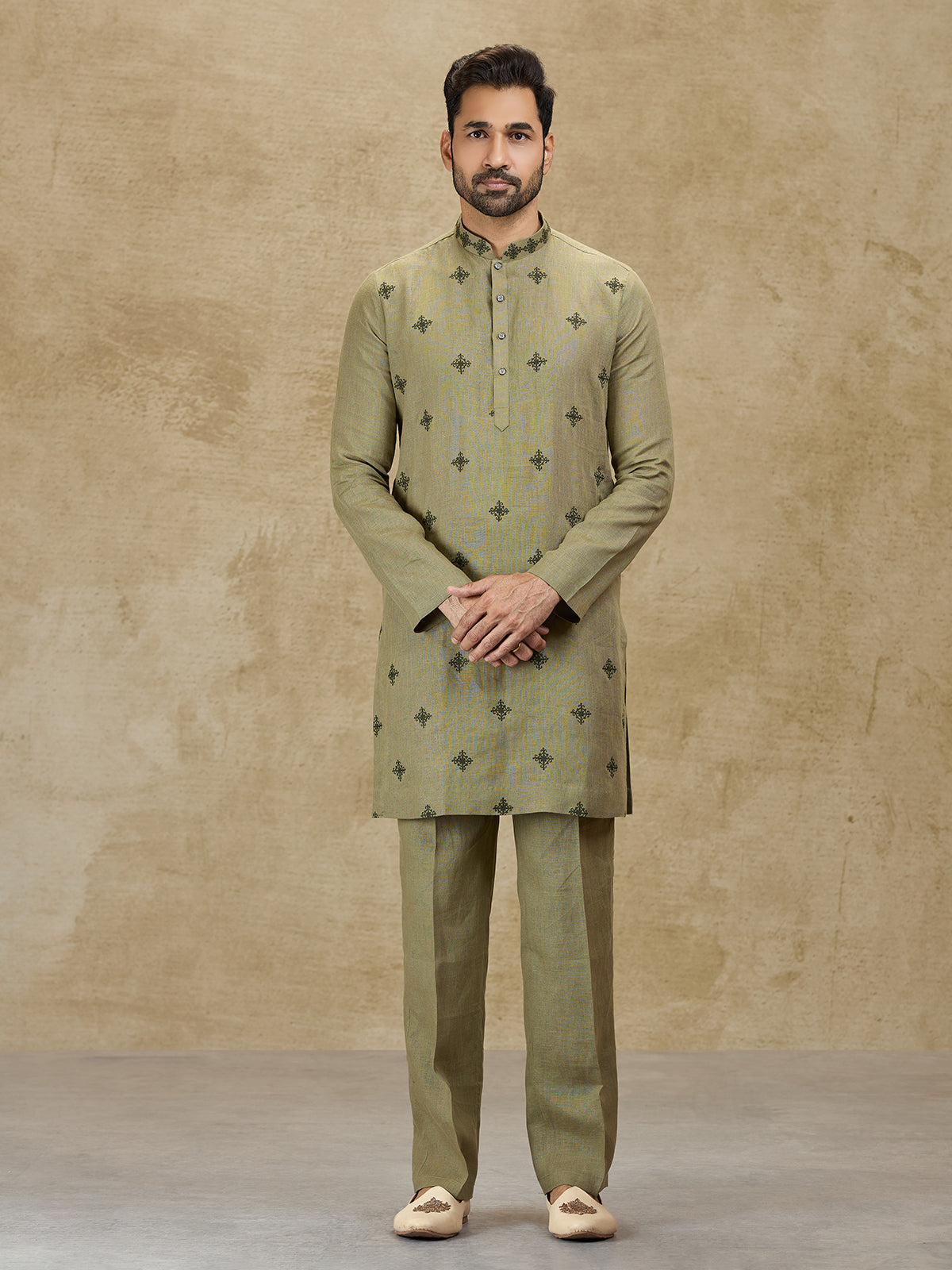 Olive green linen kurta suit for wedding celebrations