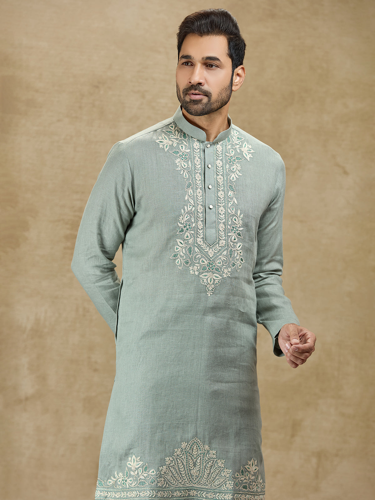 Mint blue festive wear pure linen kurta suit
