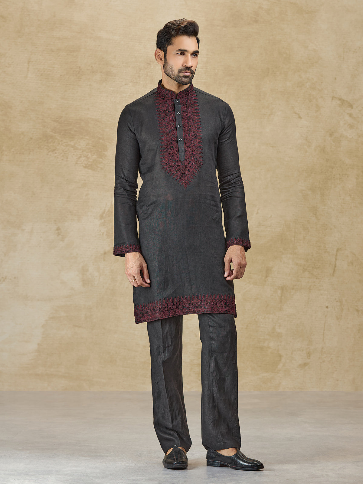 Charcoal black linen kurta suit with thread detailing