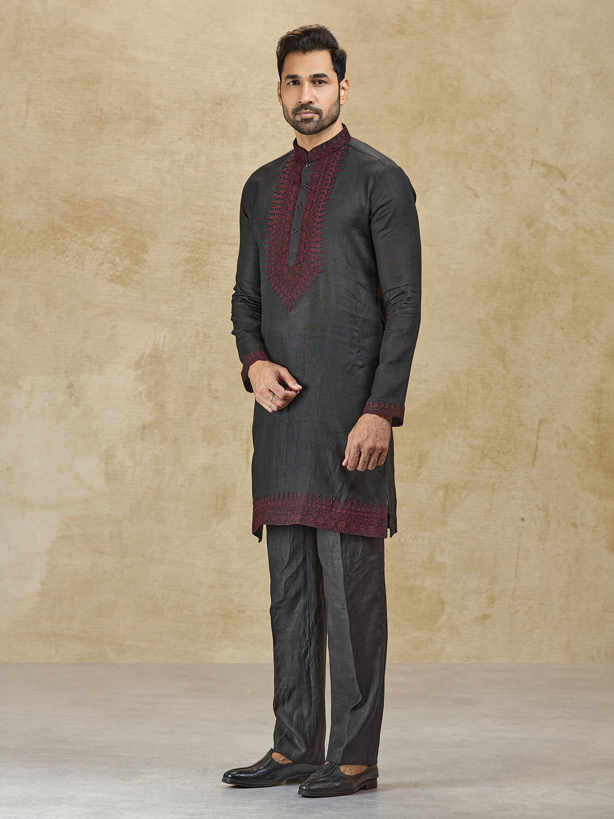 Charcoal black linen kurta suit with thread detailing