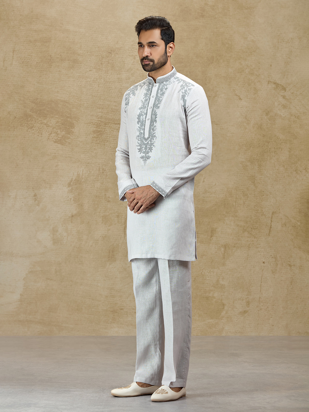 Ice grey linen kurta suit with embroidery