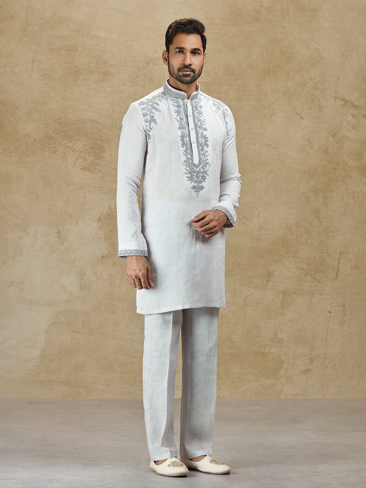 Ice grey linen kurta suit with embroidery