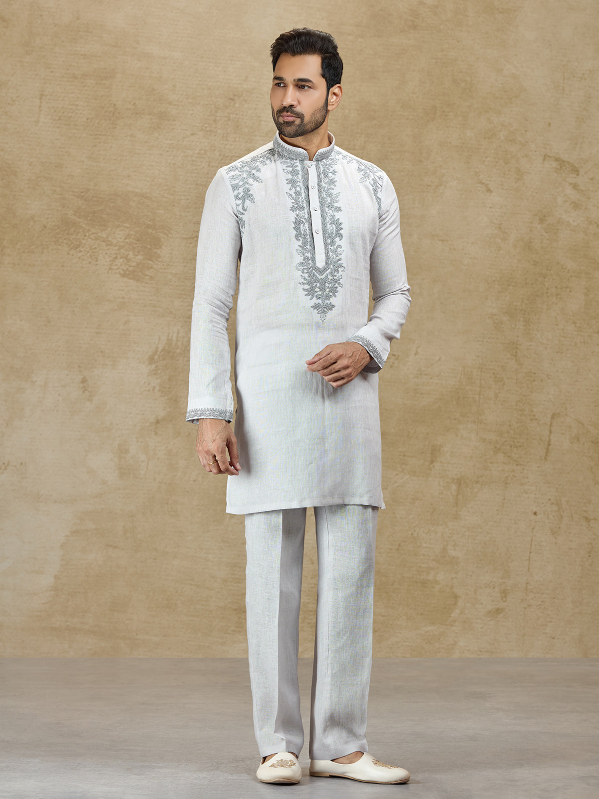 Ice grey linen kurta suit with embroidery