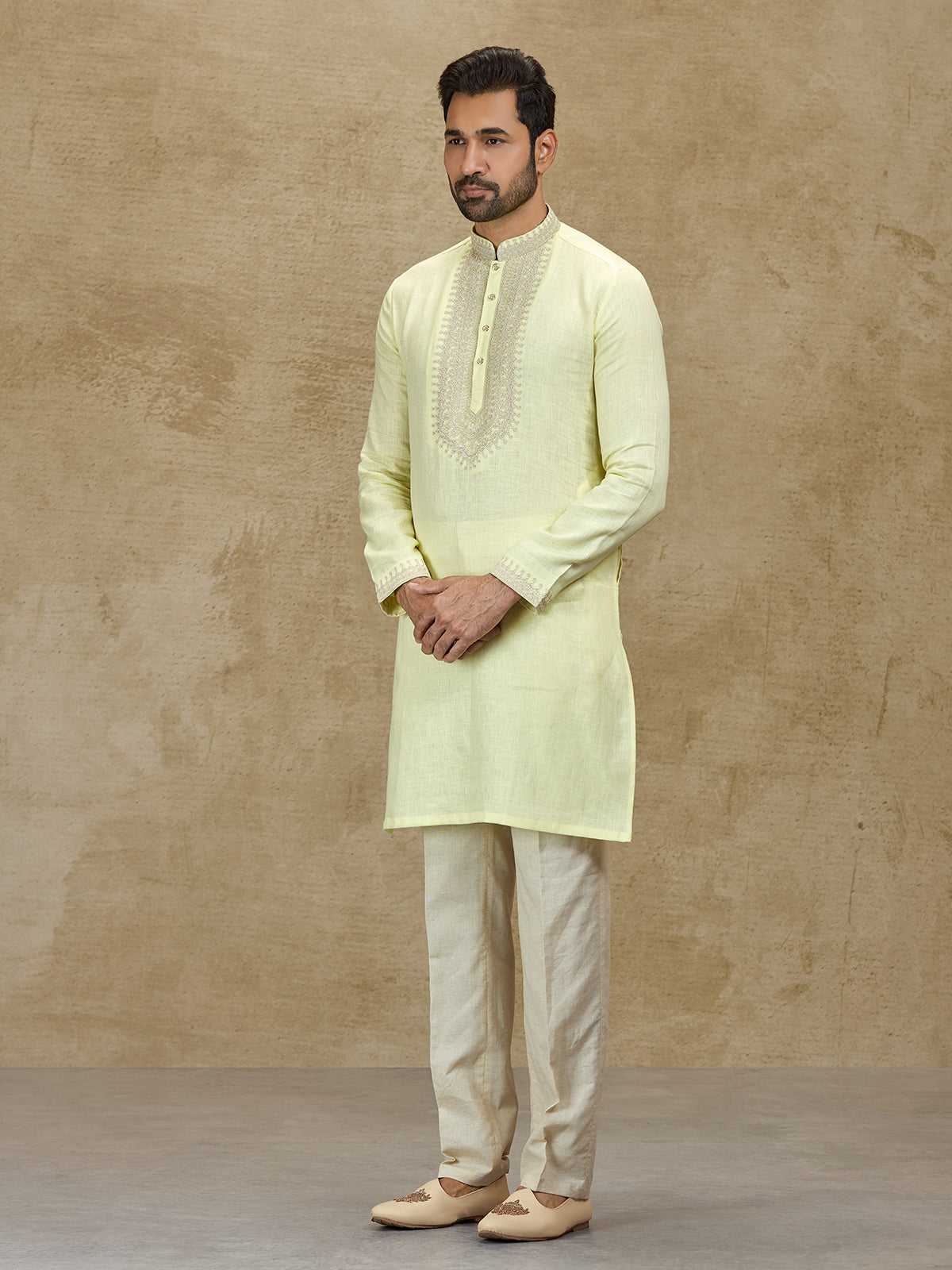 Lime yellow pure linen kurta suit for festive celebrations