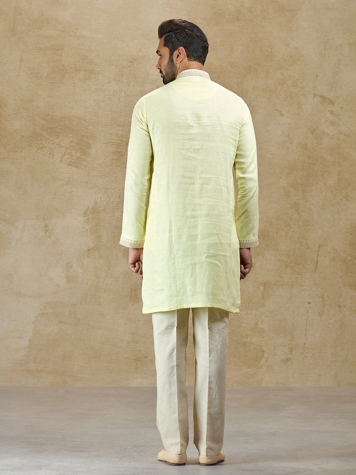 Lime yellow pure linen kurta suit for festive celebrations