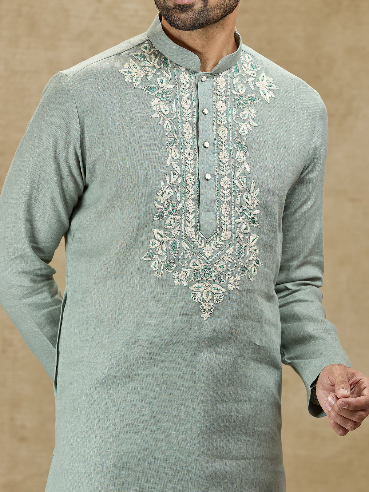 Mint blue festive wear pure linen kurta for men
