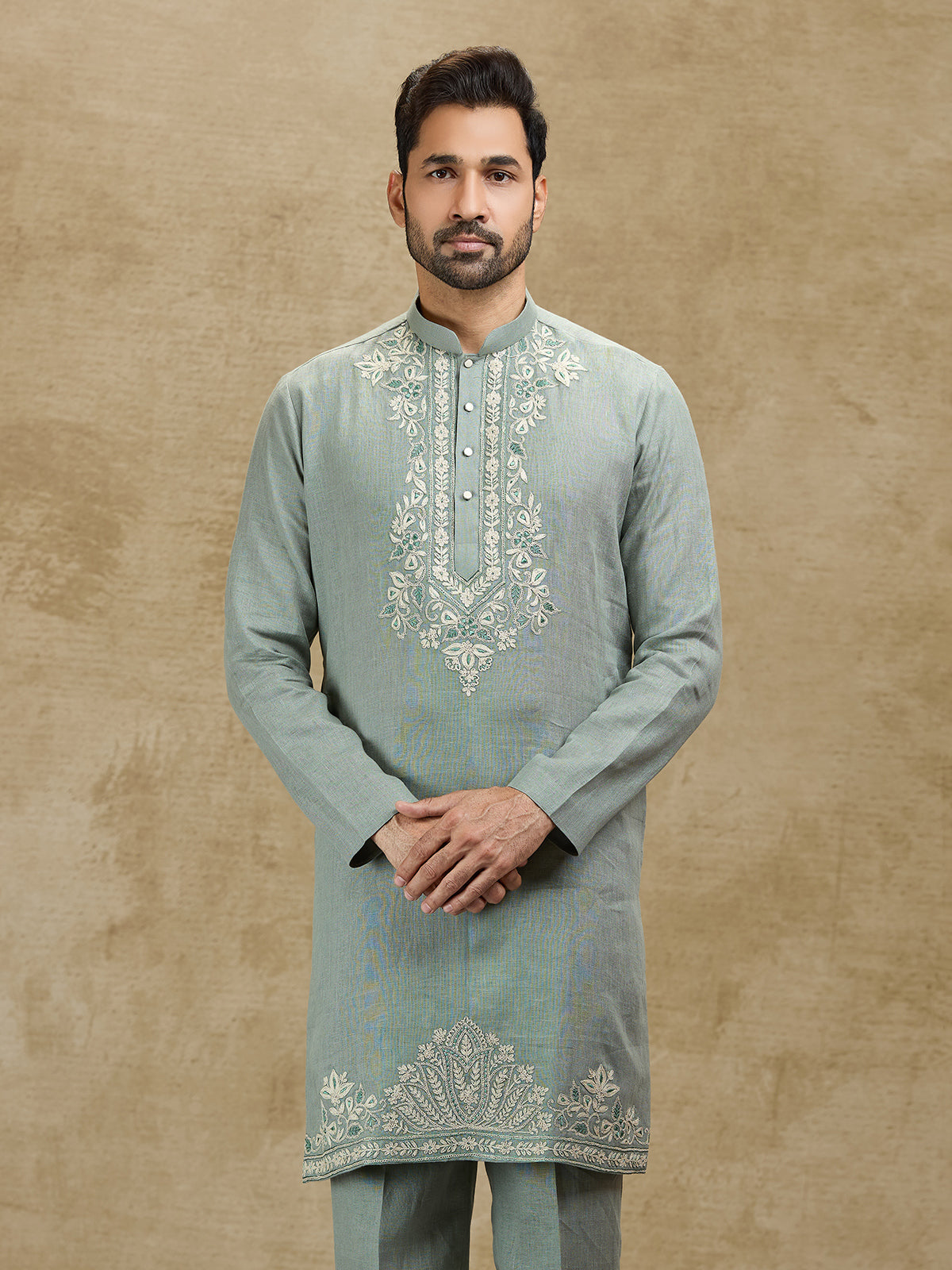 Mint blue festive wear pure linen kurta for men
