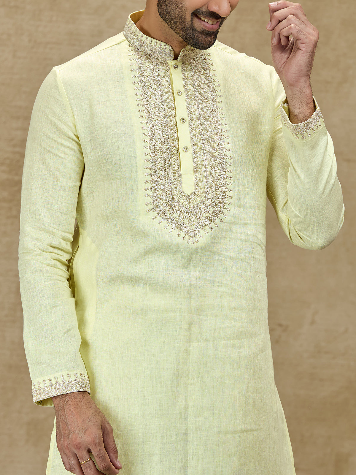 Lime yellow pure linen kurta for festive celebrations