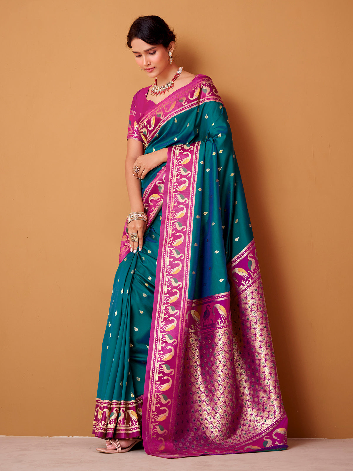 Rama blue satin silk saree with bold pink border