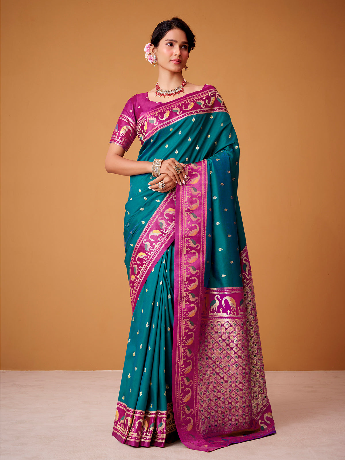 Rama blue satin silk saree with bold pink border