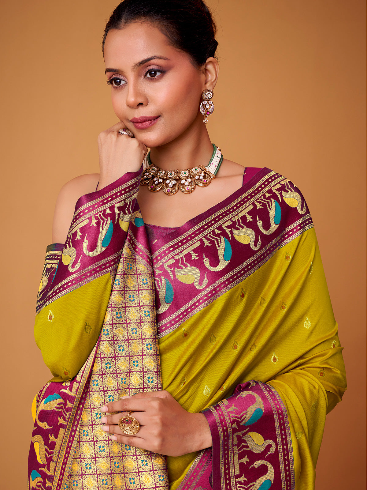 Yellow festive wear satin silk saree with zari shine