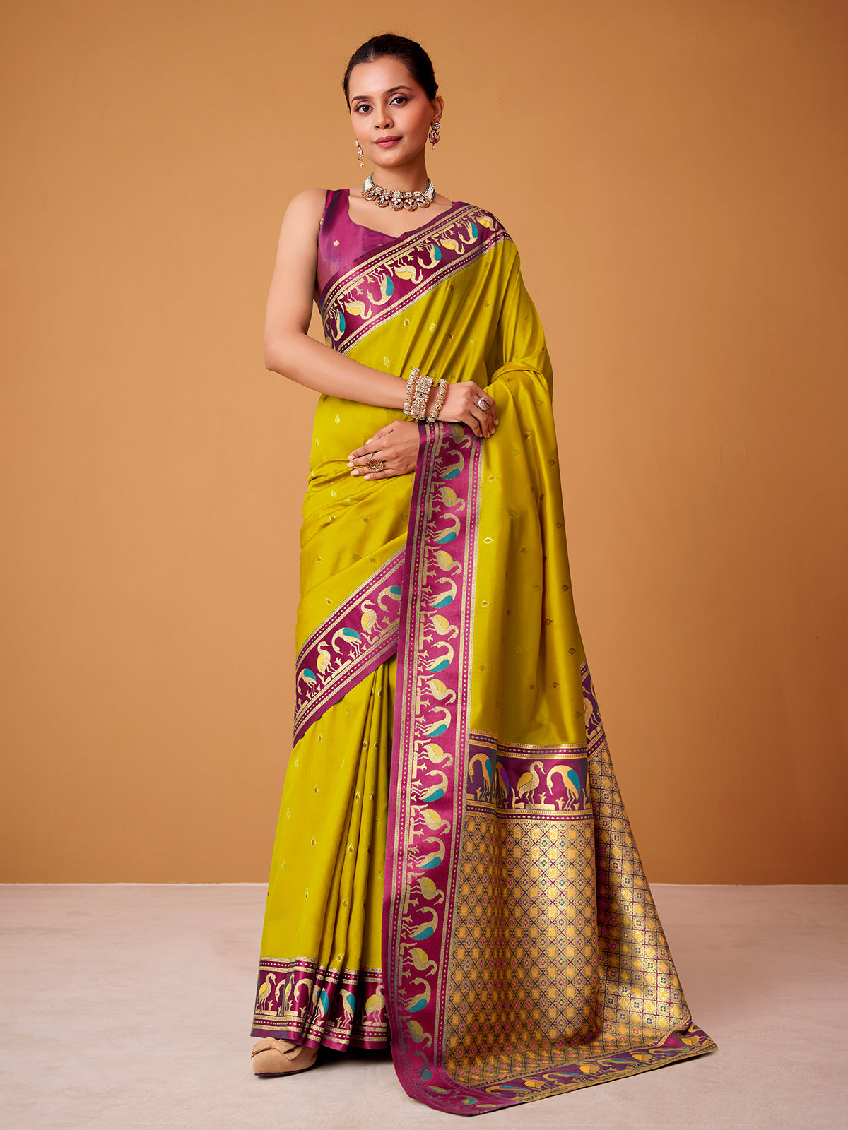 Yellow festive wear satin silk saree with zari shine