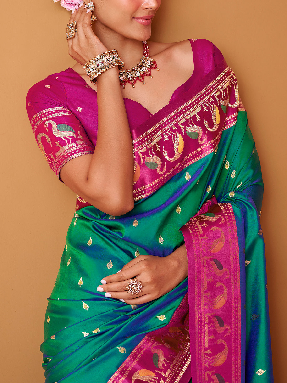 Rama green satin silk saree with highlighted border