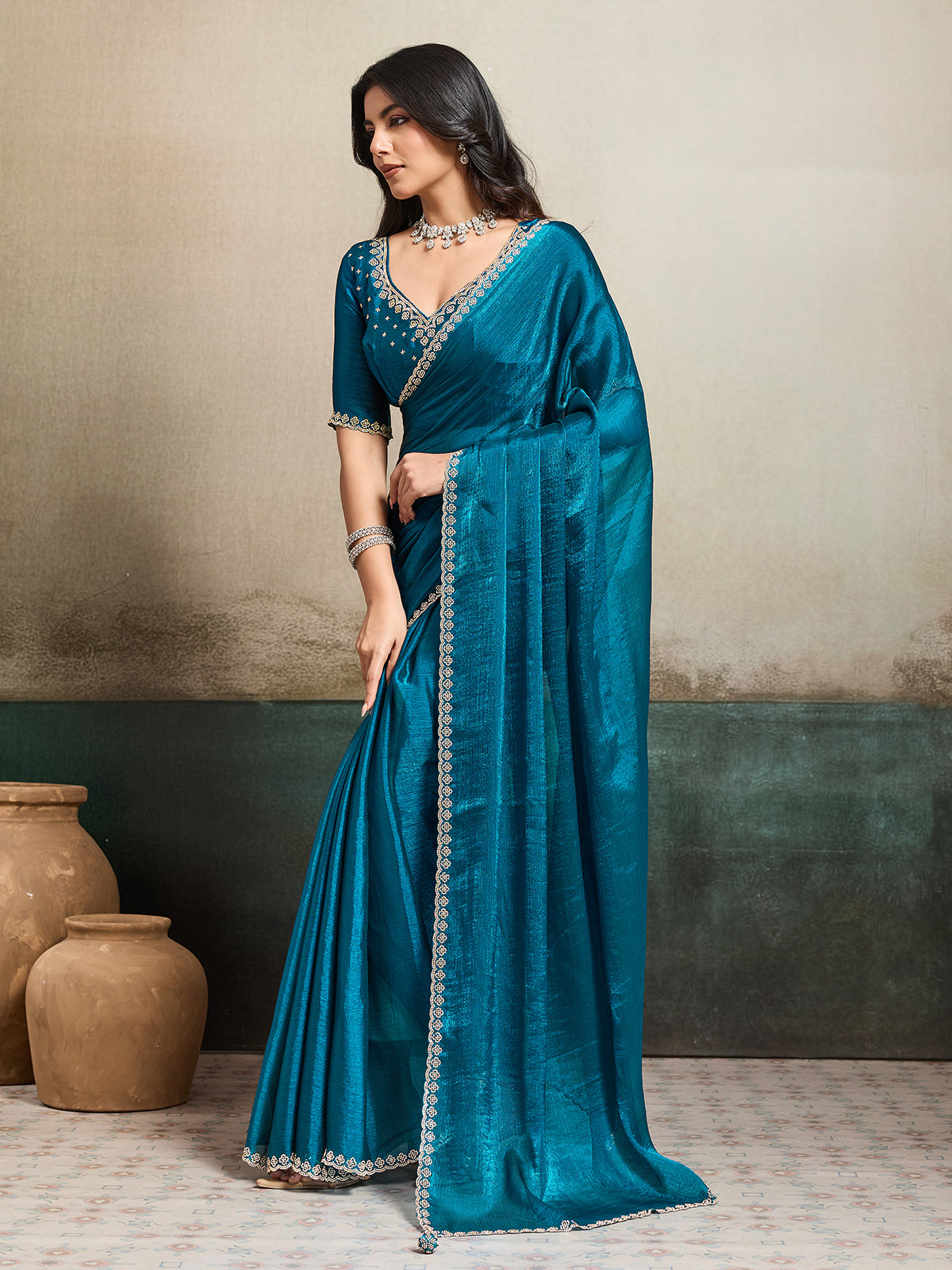 Rama blue fandy chiffon saree for party