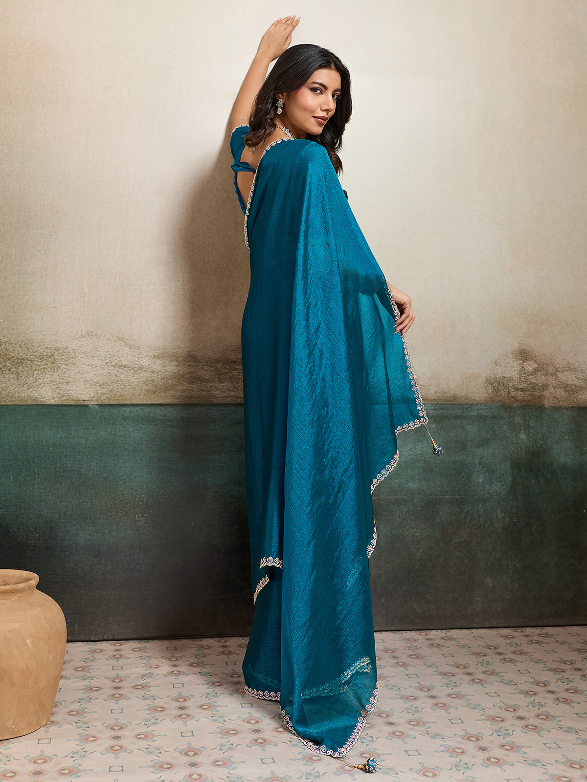 Rama blue fandy chiffon saree for party