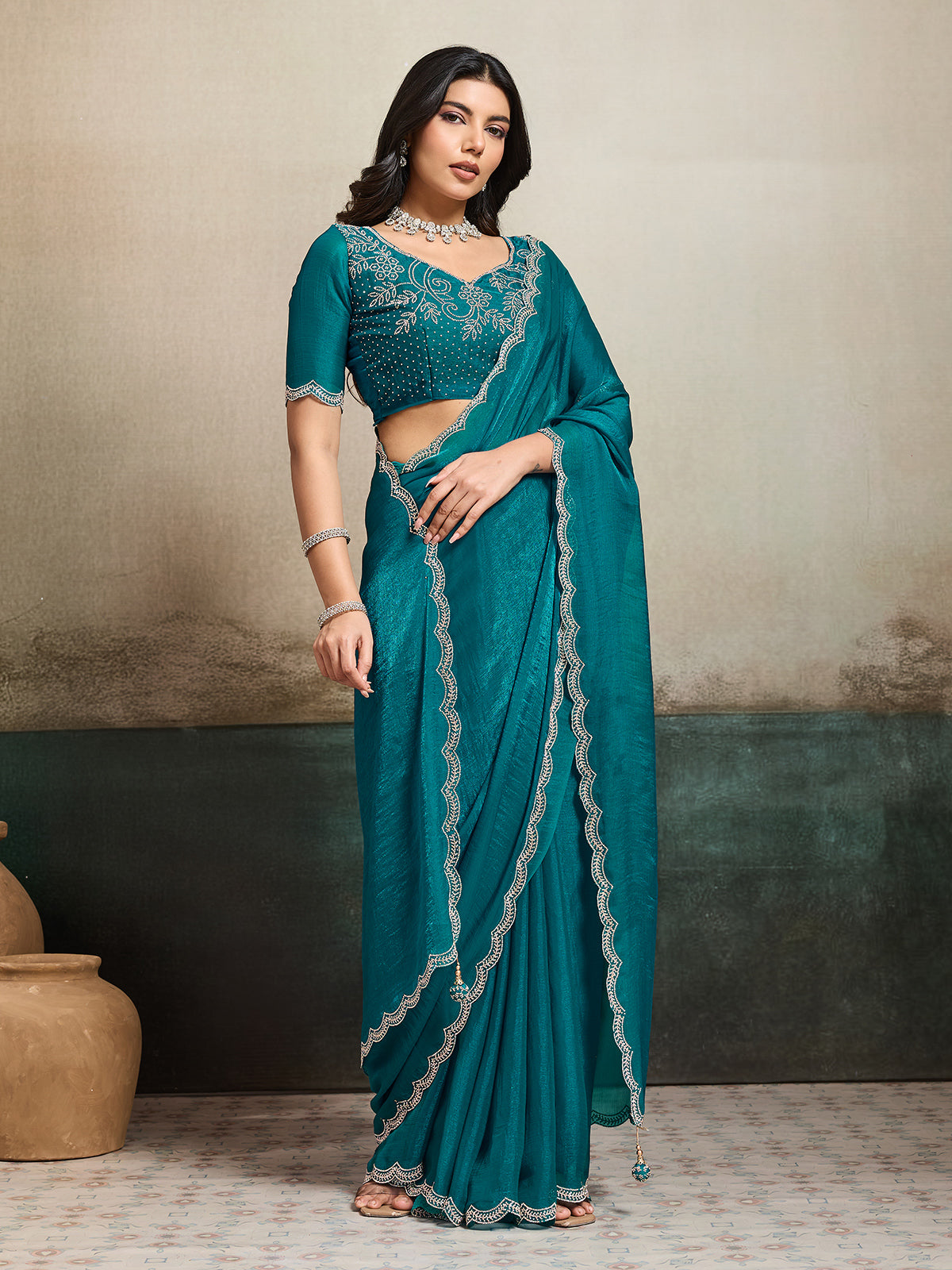 Rama green fandy chiffon saree with stones detailing