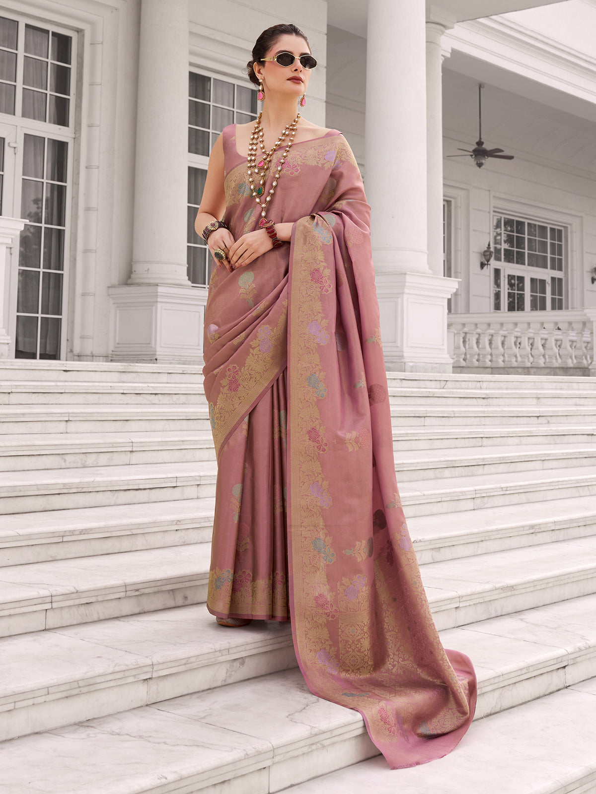 Onion pink festive wear saree in kurra silk