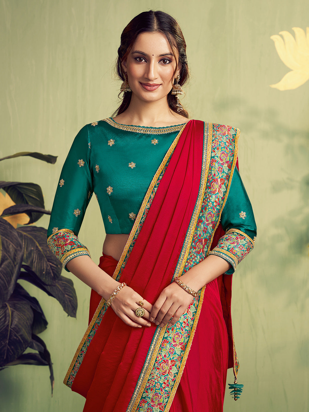 Red satin party wear saree