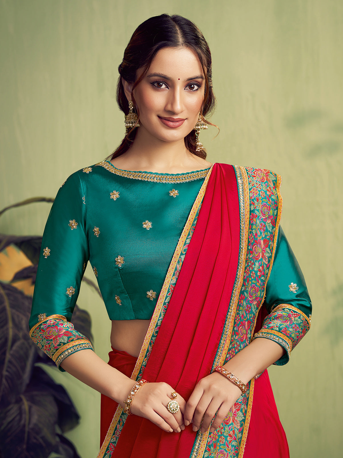 Red satin party wear saree