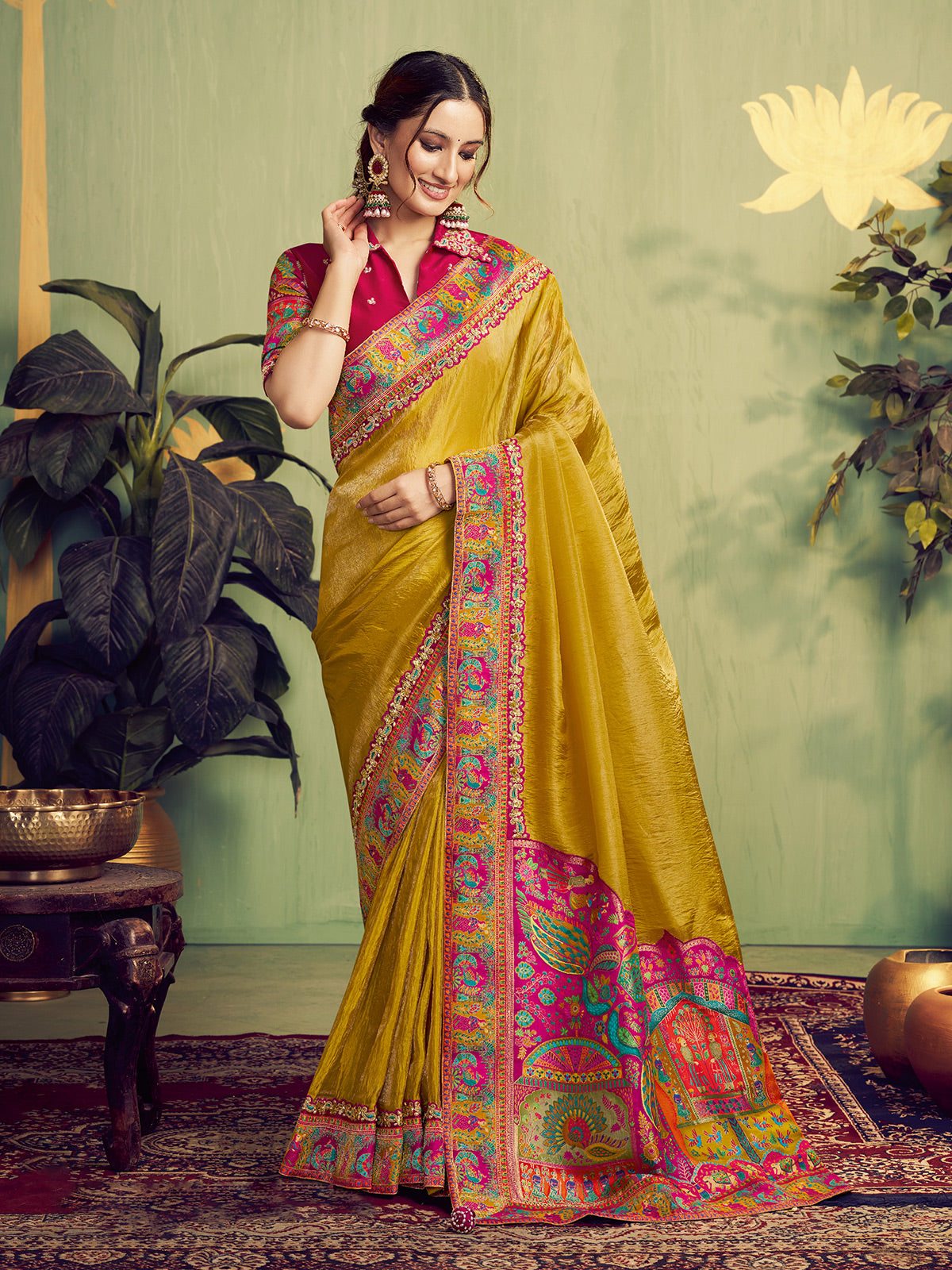 Mustard yellow festive wear saree in upada silk