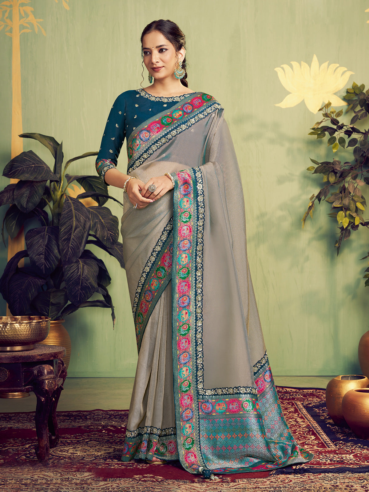 Grey tissue silk saree with resham and sequins work