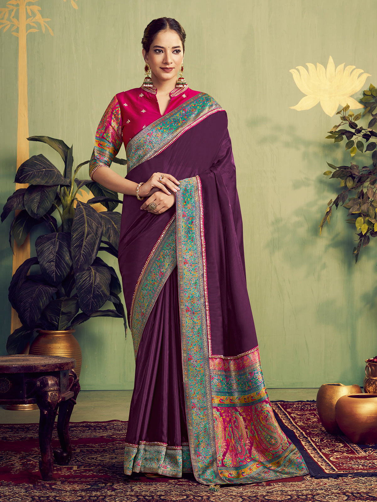 Wine banarasi natural silk saree for festivals