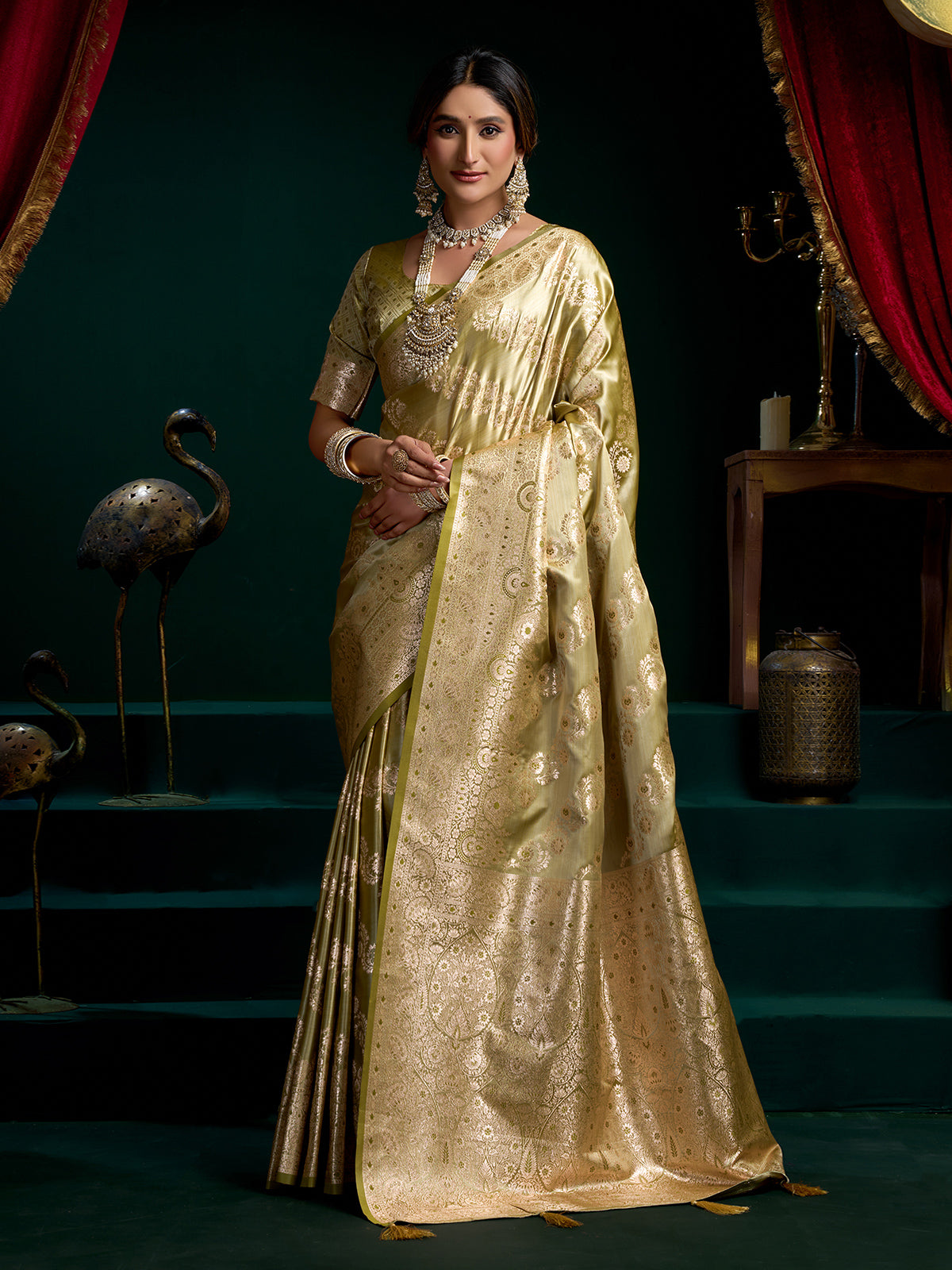 Sage green zari weaving banarasi silk saree