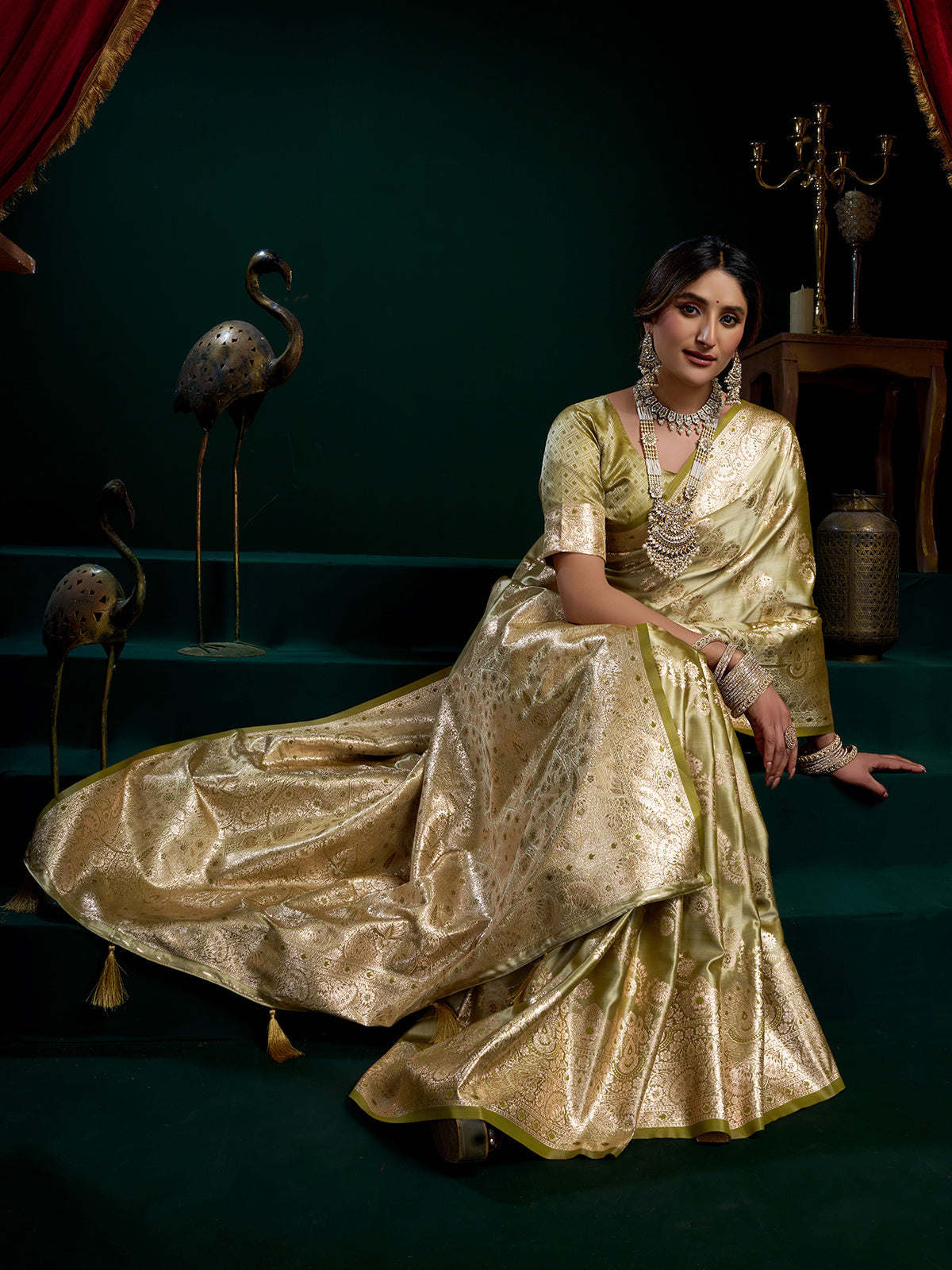 Sage green zari weaving banarasi silk saree