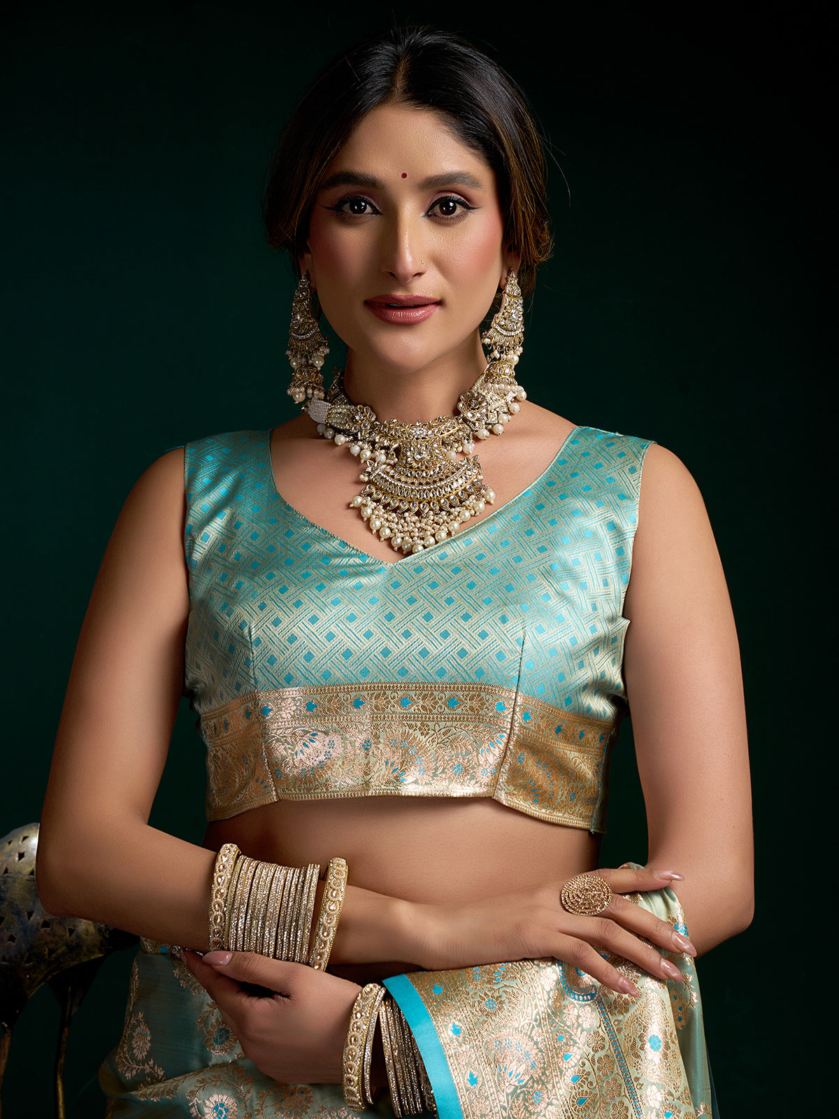 Rama blue banarasi silk saree for wedding wear
