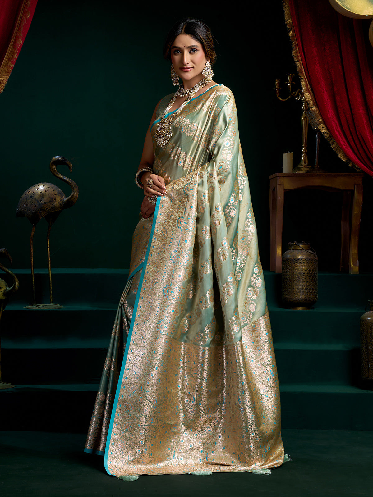 Rama blue banarasi silk saree for wedding wear