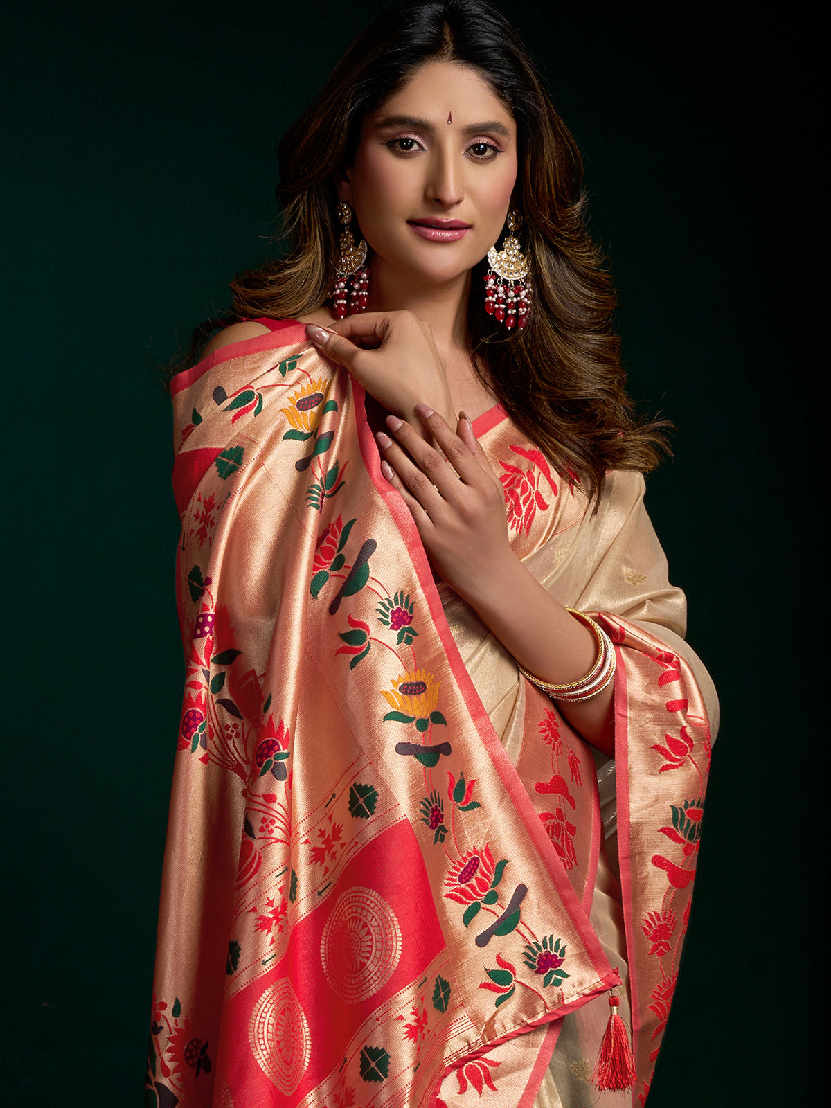 Cream tissue paithani silk saree