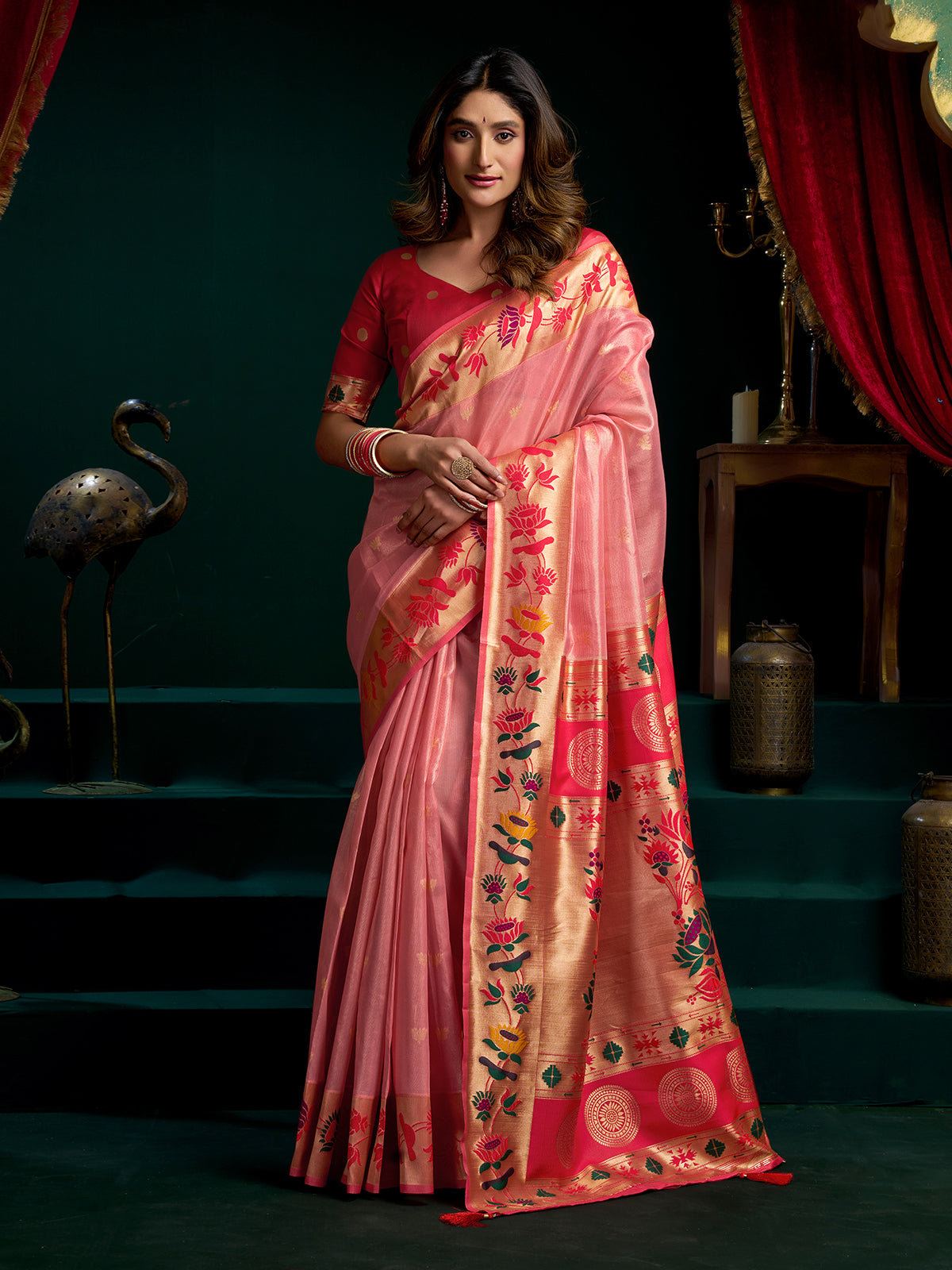 Shiny pink tissue paithani silk saree