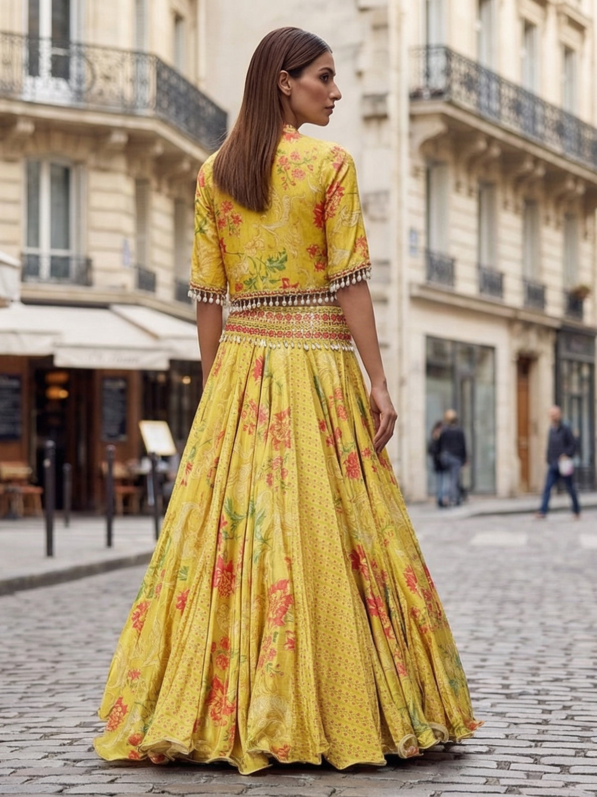 Yellow silk printed lehenga choli with short jacket