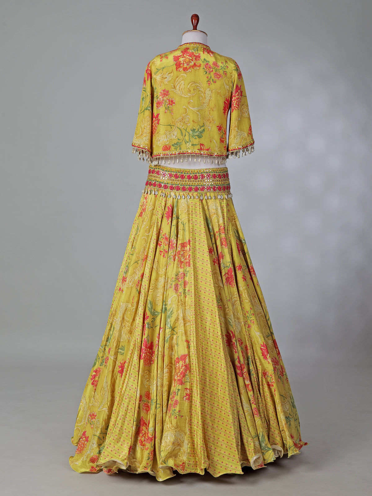 Yellow silk printed lehenga choli with short jacket
