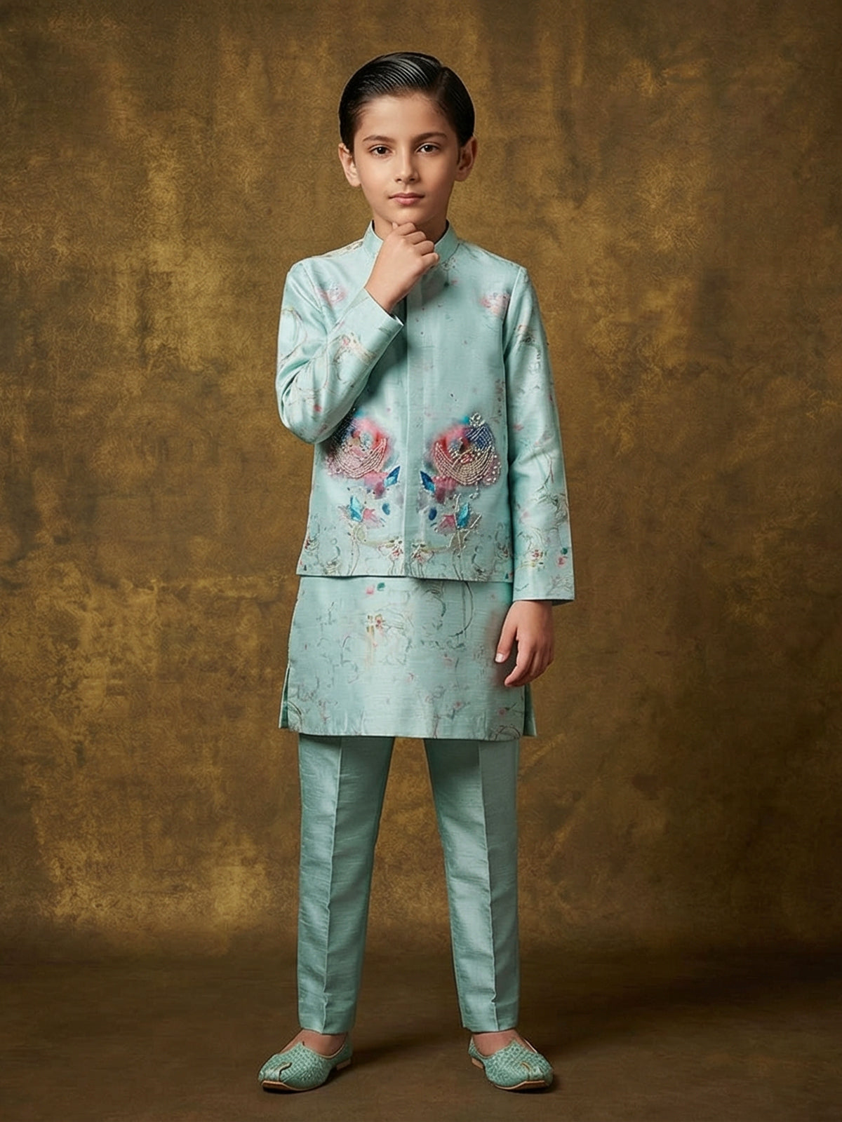 Sky blue silk printed cutdana waistcoat ensemble
