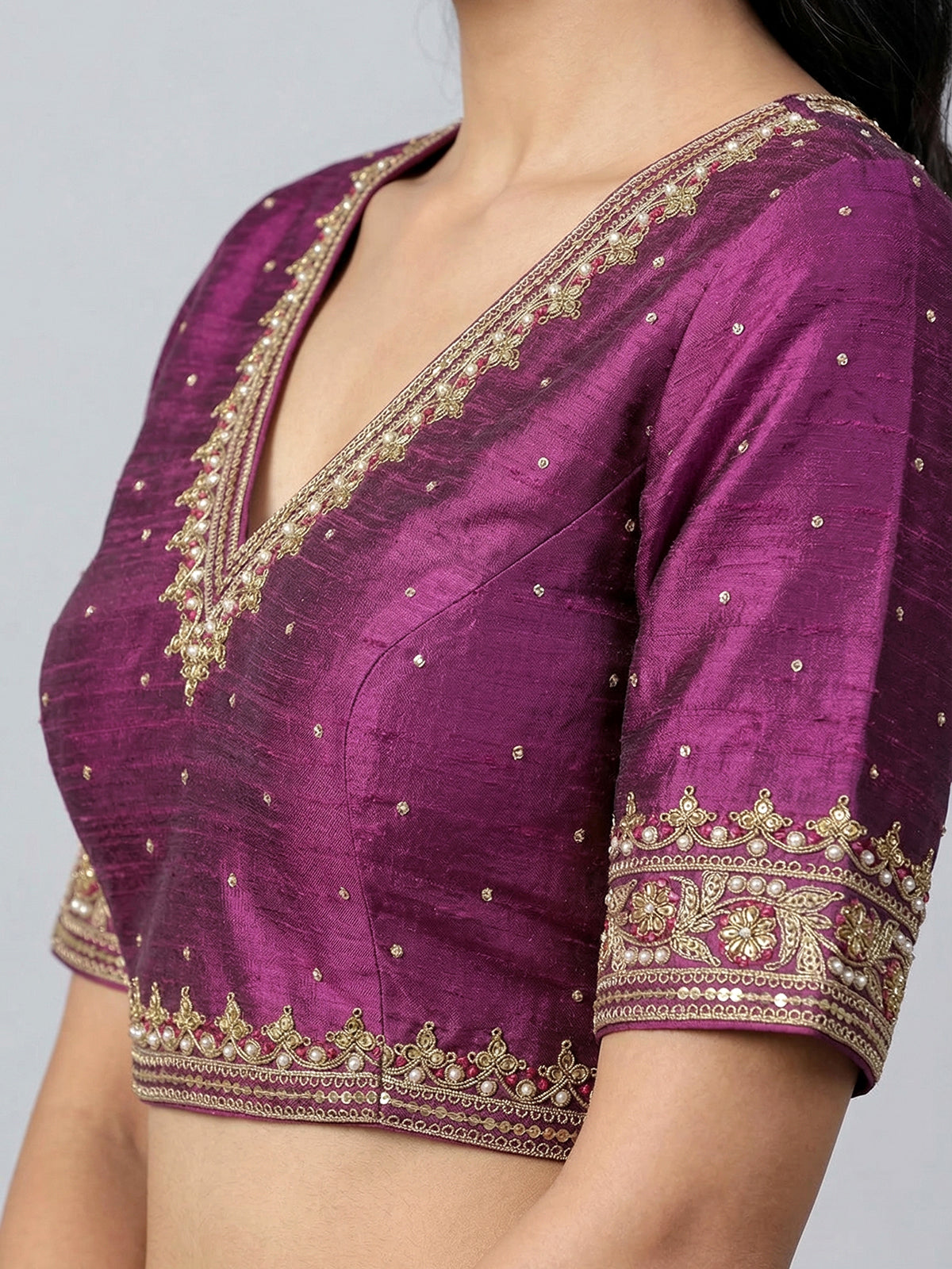 Purple raw silk embellished V neck blouse