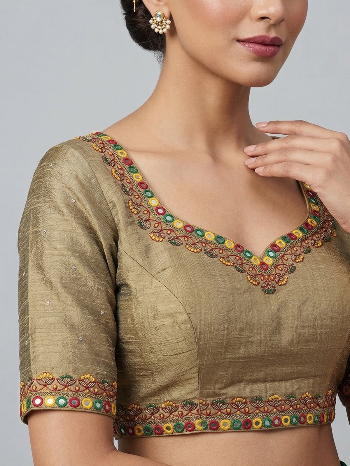 Beige raw silk mirror work sweetheart neck blouse