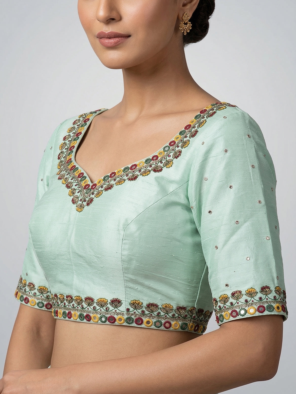 Aqua blue raw silk mirror work blouse
