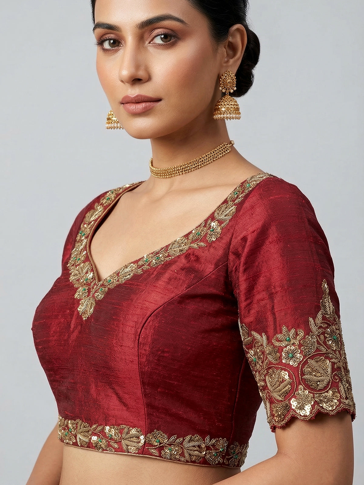 Maroon raw silk zardosi work sweetheart blouse