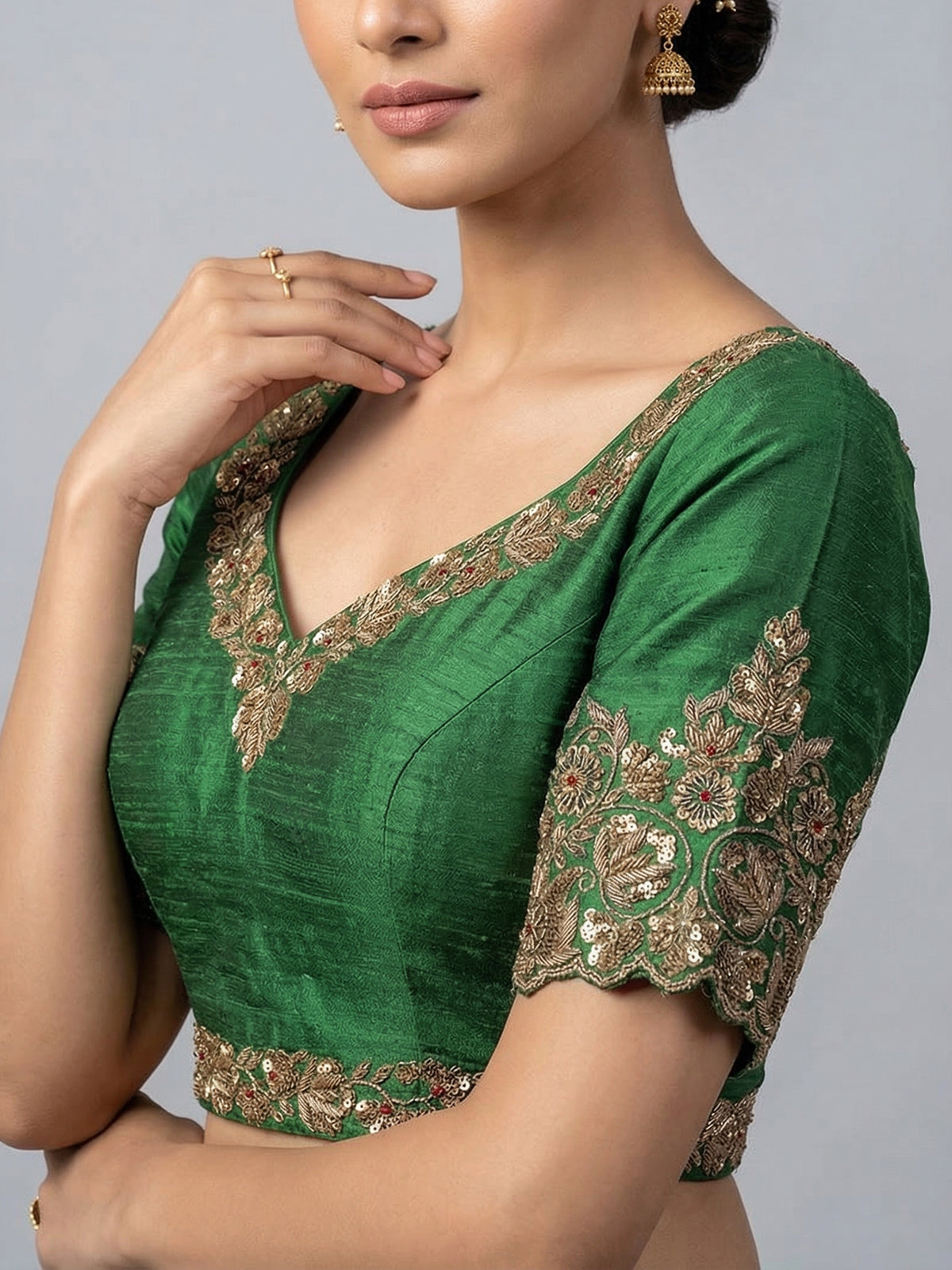 Green raw silk zardosi work sweetheart blouse