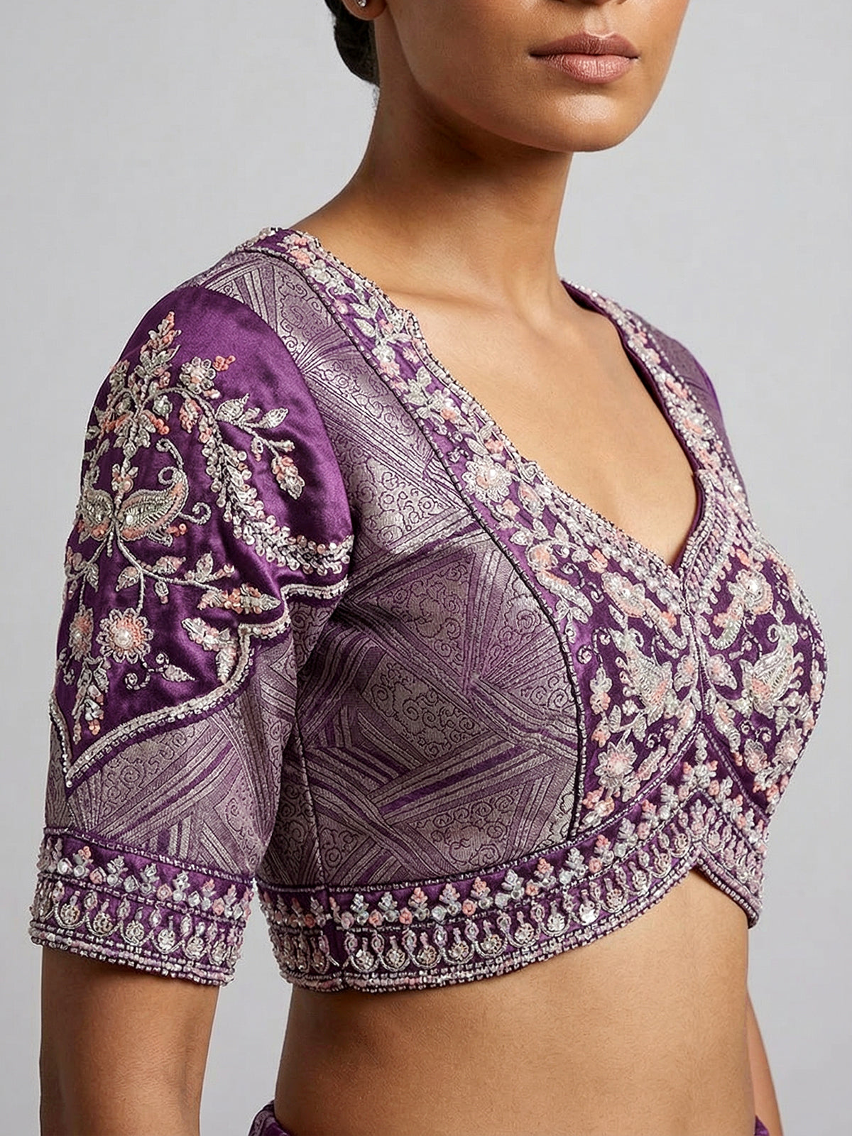 Purple modal silk blouse for wedding wear sarees