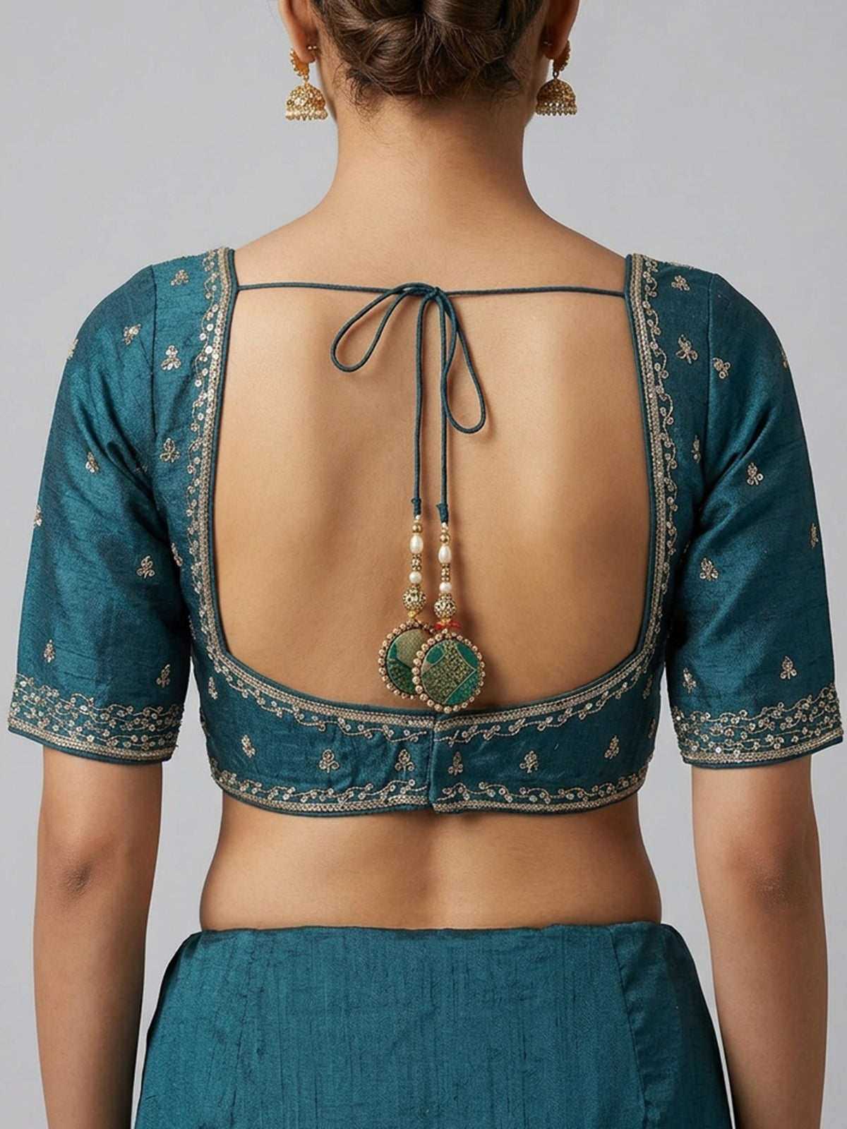 Rama blue printed modal silk blouse with cutdana work