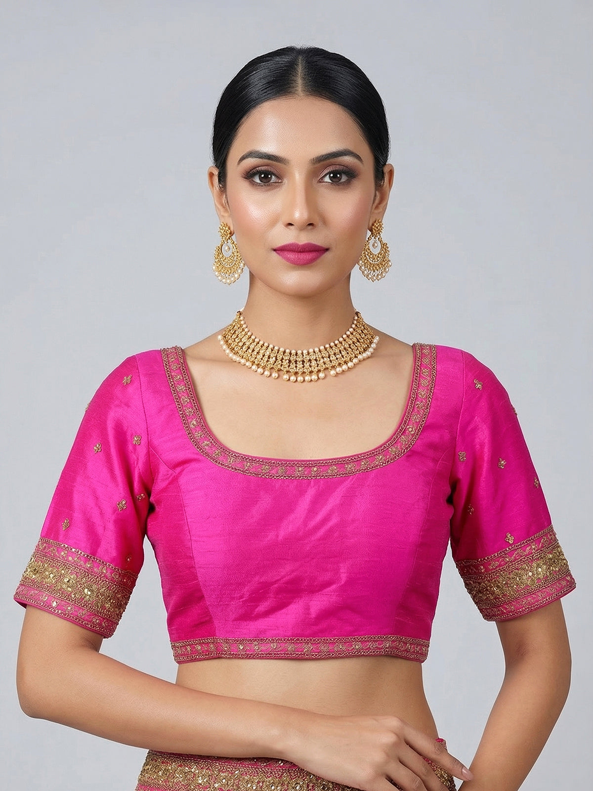 Magenta raw silk heavy embellished elbow sleeve blouse