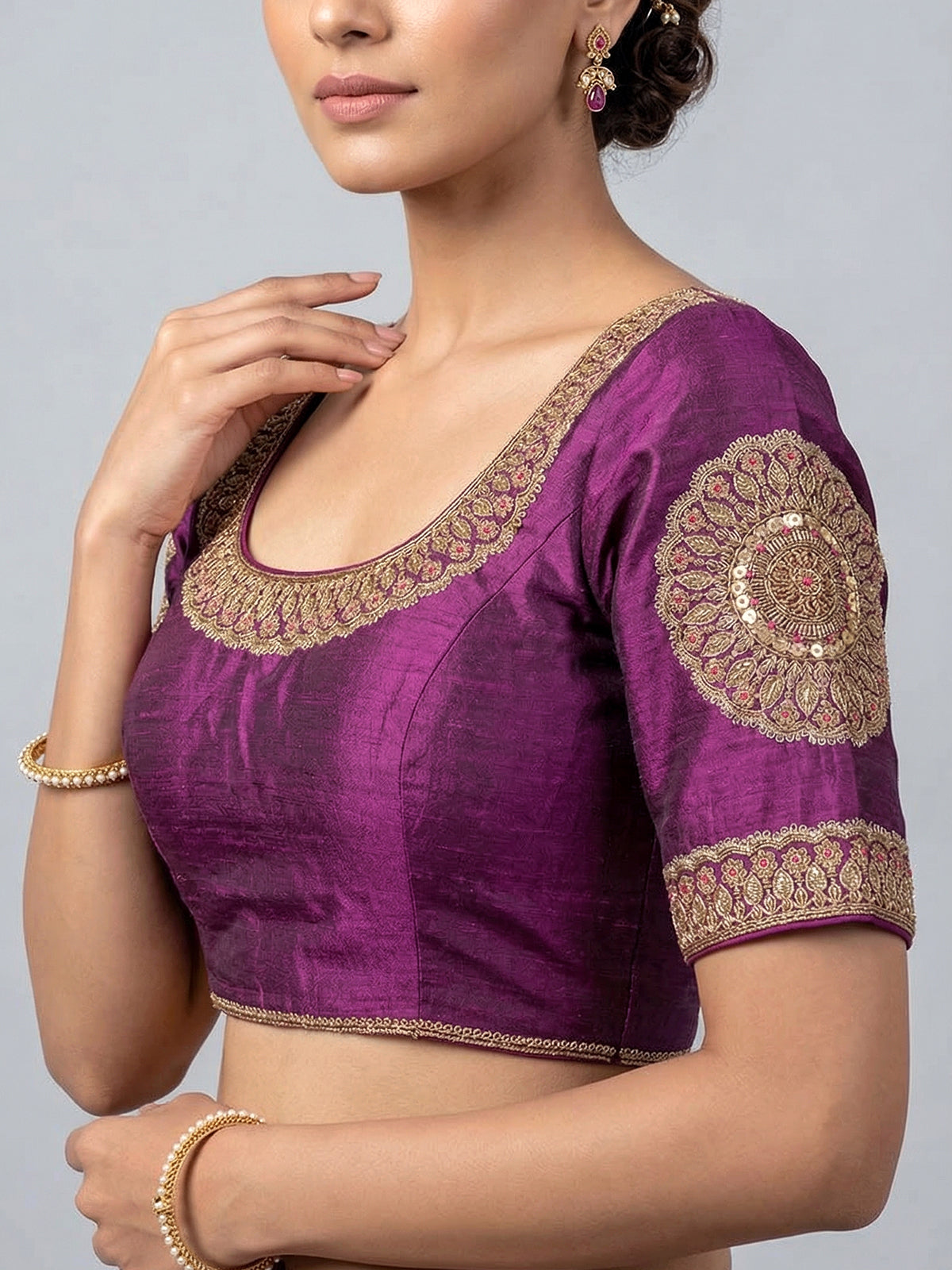 Purple raw silk embroidered round neck blouse