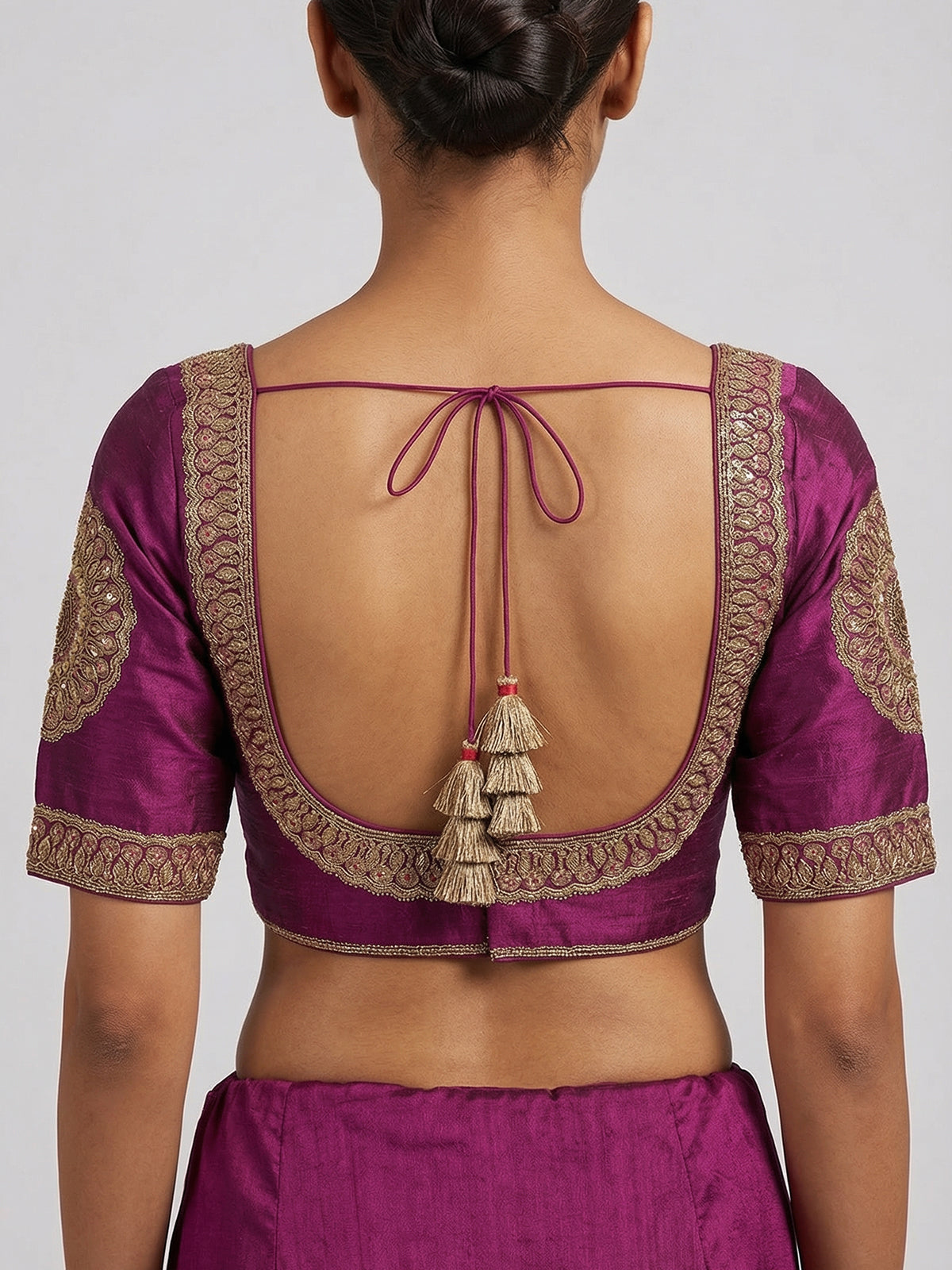 Purple raw silk embroidered round neck blouse