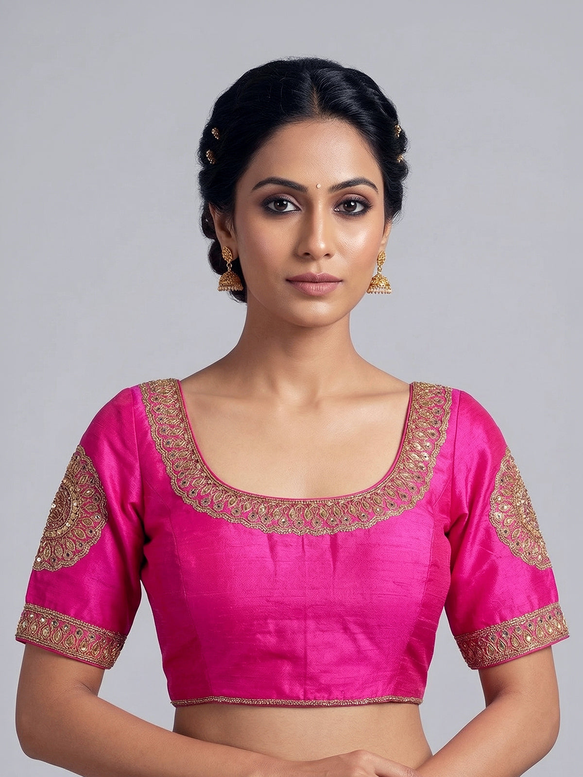 Magenta raw silk zardosi work round neck blouse