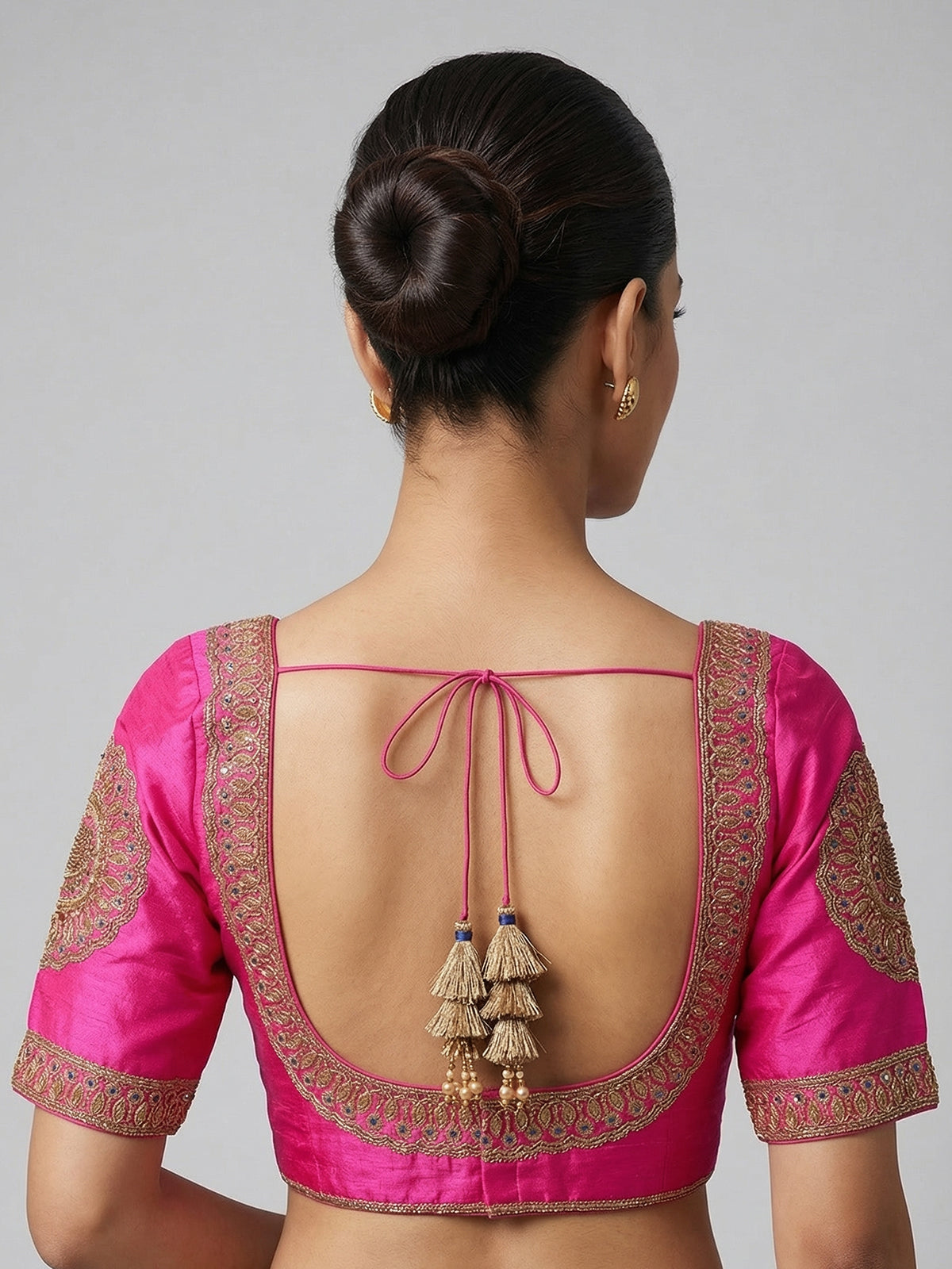 Magenta raw silk zardosi work round neck blouse