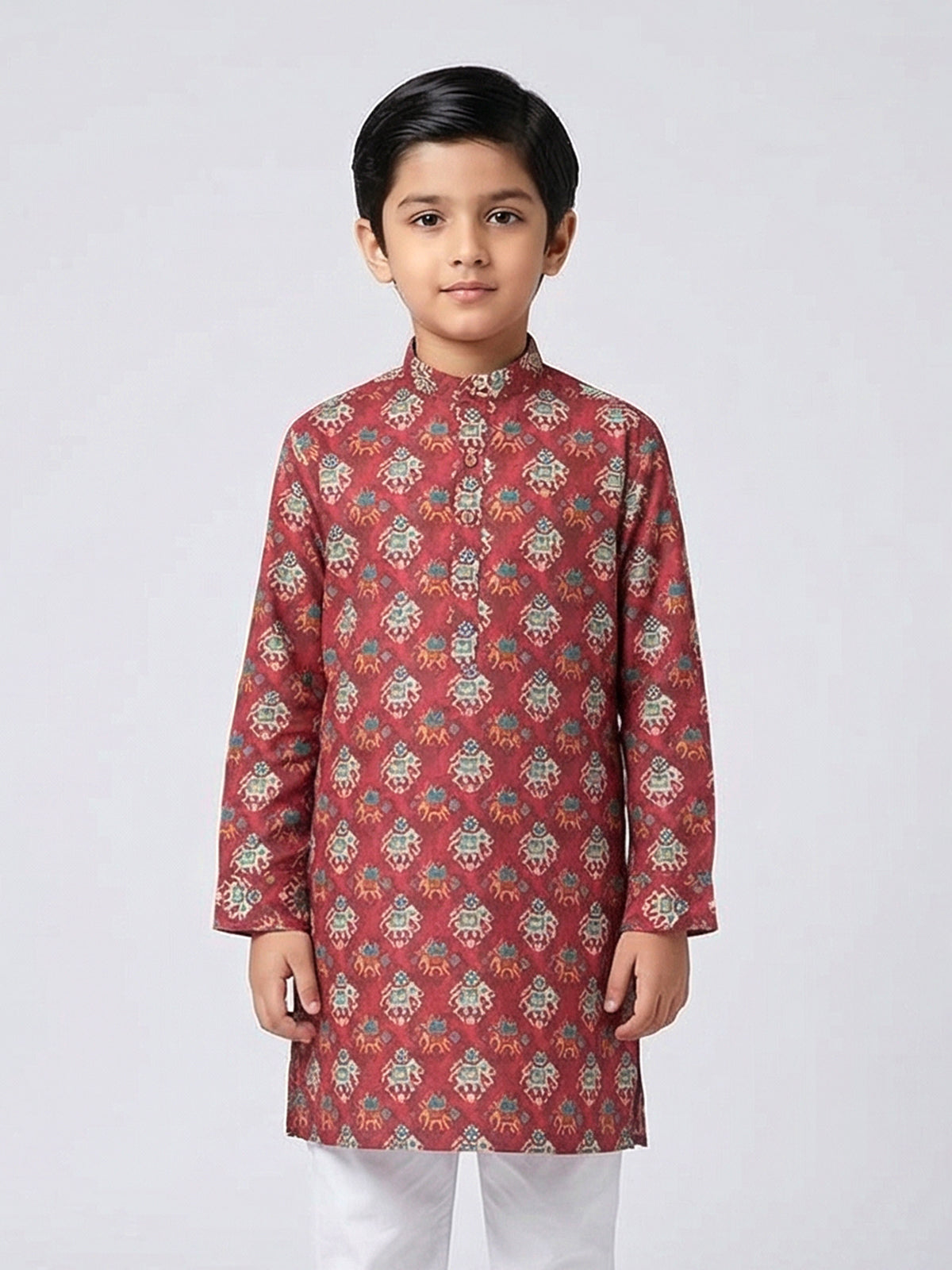 Light wine printed cotton silk kurta