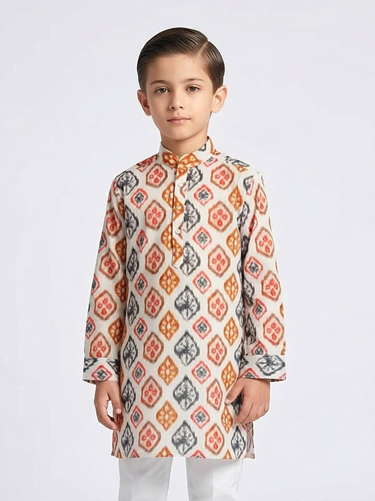 White printed cotton silk kurta for special occasions
